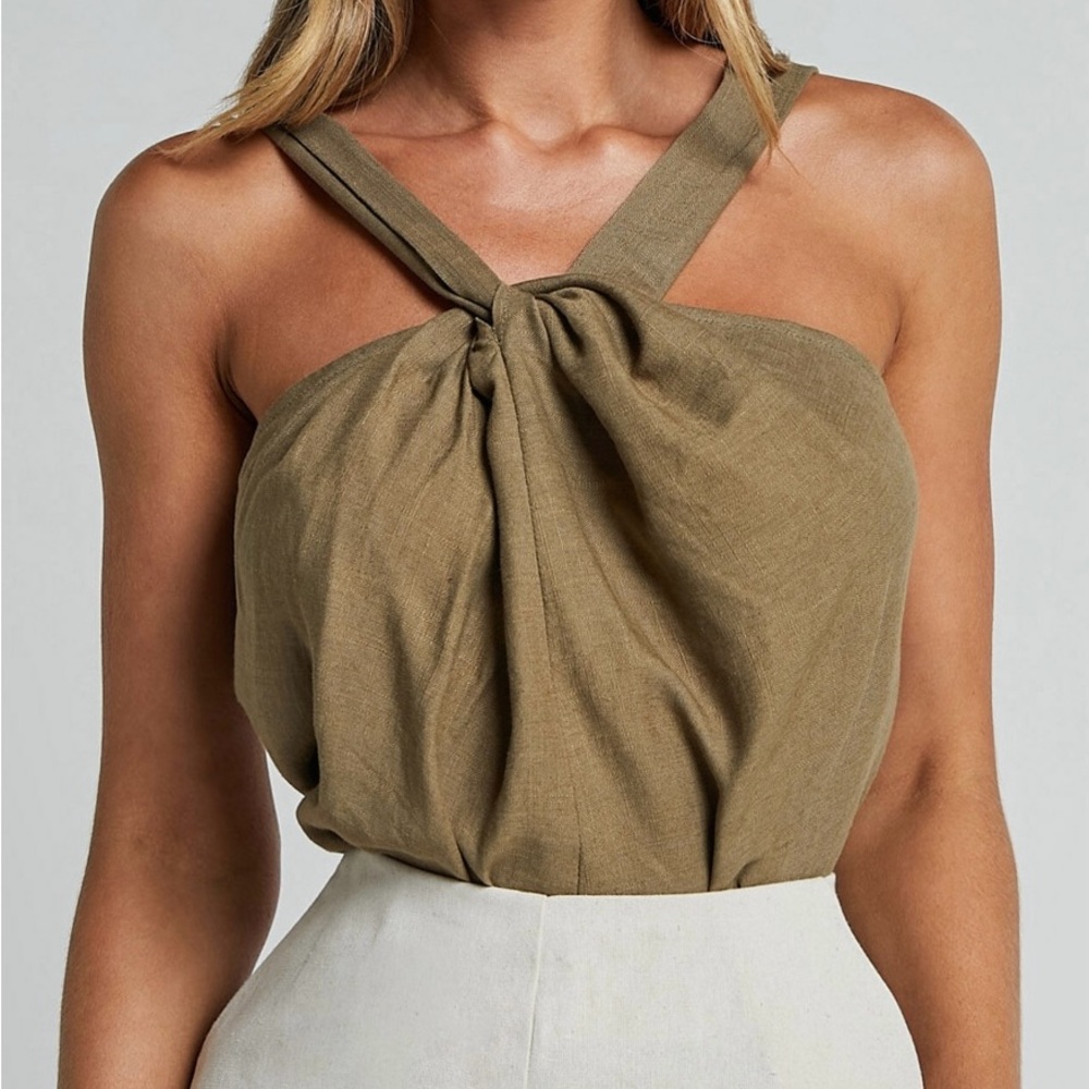 LINEN LOOK TWIST HALTER NECK IN DARK OLIVE